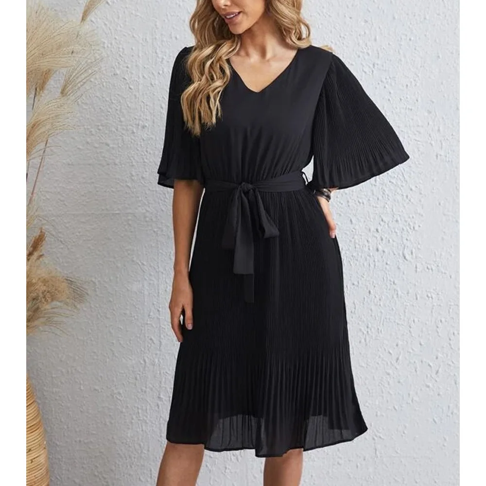 

Женское длинное платье Элегантная мода V образным вырезом с коротким Расклешенным рукавом тонкий складки на шнуровке однотонные Цвет офисн...