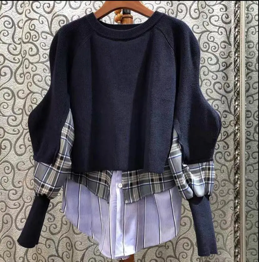Spring New Fashion Loose Sweater Knitted Shirt Large Size Korean Women Plaid Striped Pullovers Junper Knitwear | Женская одежда