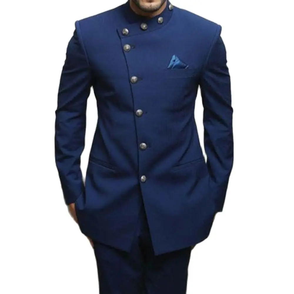 

Темно-синий блейзер с воротником-стойкой, брюки, Мужское пальто в индийском стиле для шафера, одежда для свадебной вечеринки, облегающая кур...