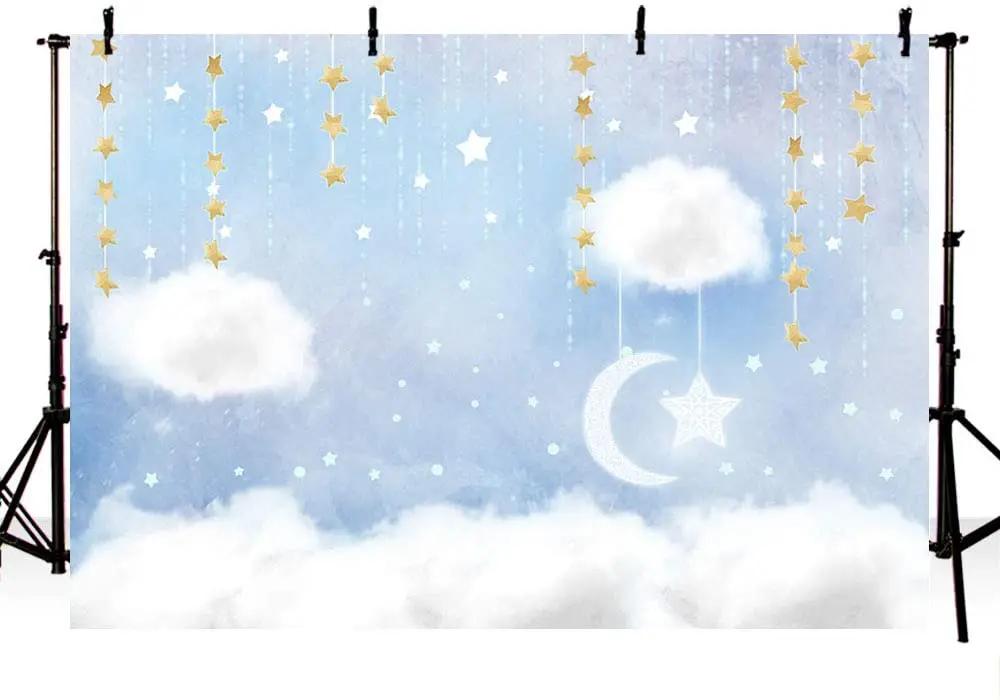 Blue and White Cloud Photo Studio Backdrop Props Prince Birthday Boy Baby Shower Party Gold Stars Twinkle Stars Decorations