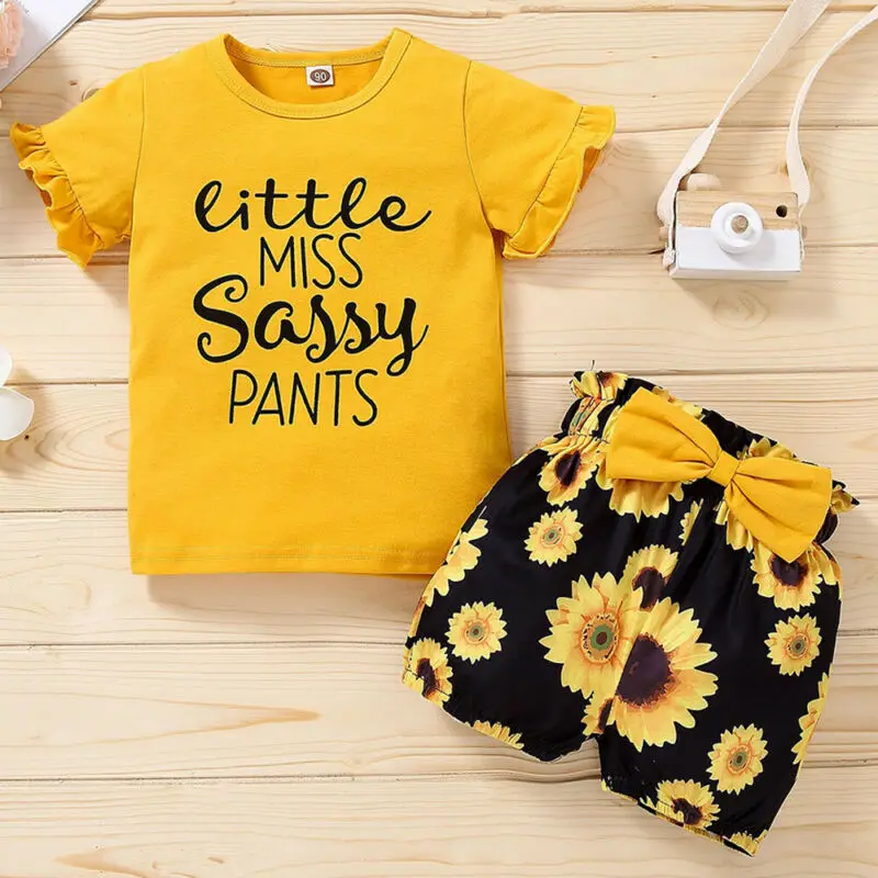 

2 Pcs Summer Short Sleeve T Shirt and Floral Pants Girl Print Letters
