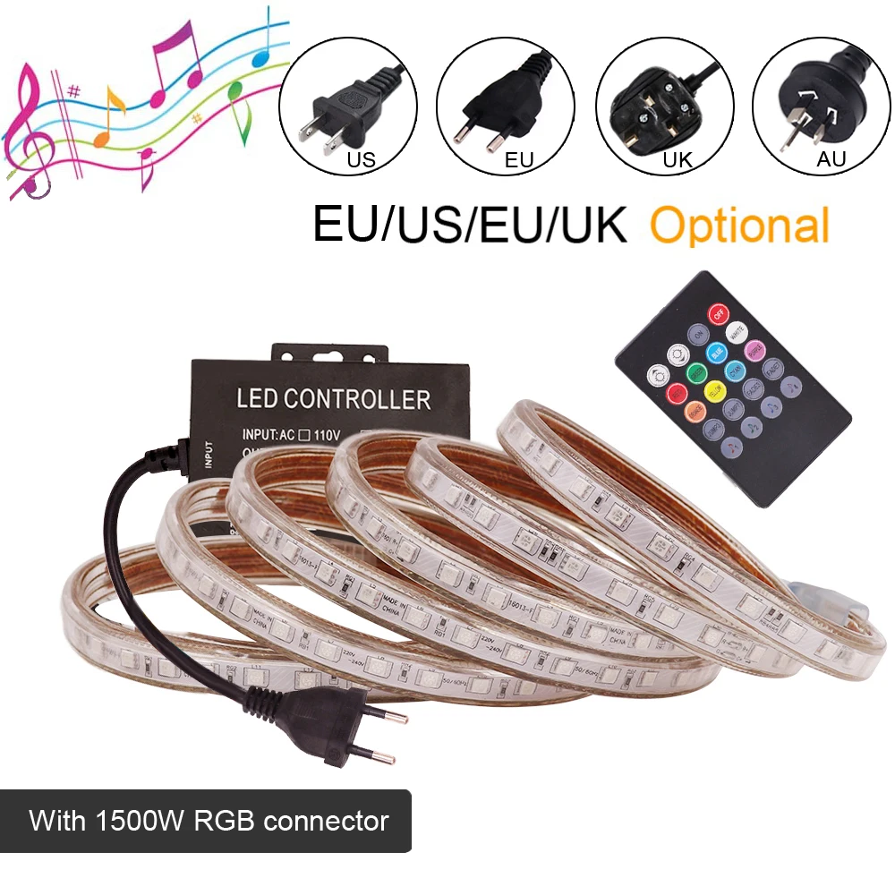 Светодиодная лента RGB 5050 с музыкальным Bluetooth-управлением через приложение, дистанционное управление и влагозащитой 60LED/м для гибкой декорации дома на 220В и 110В.