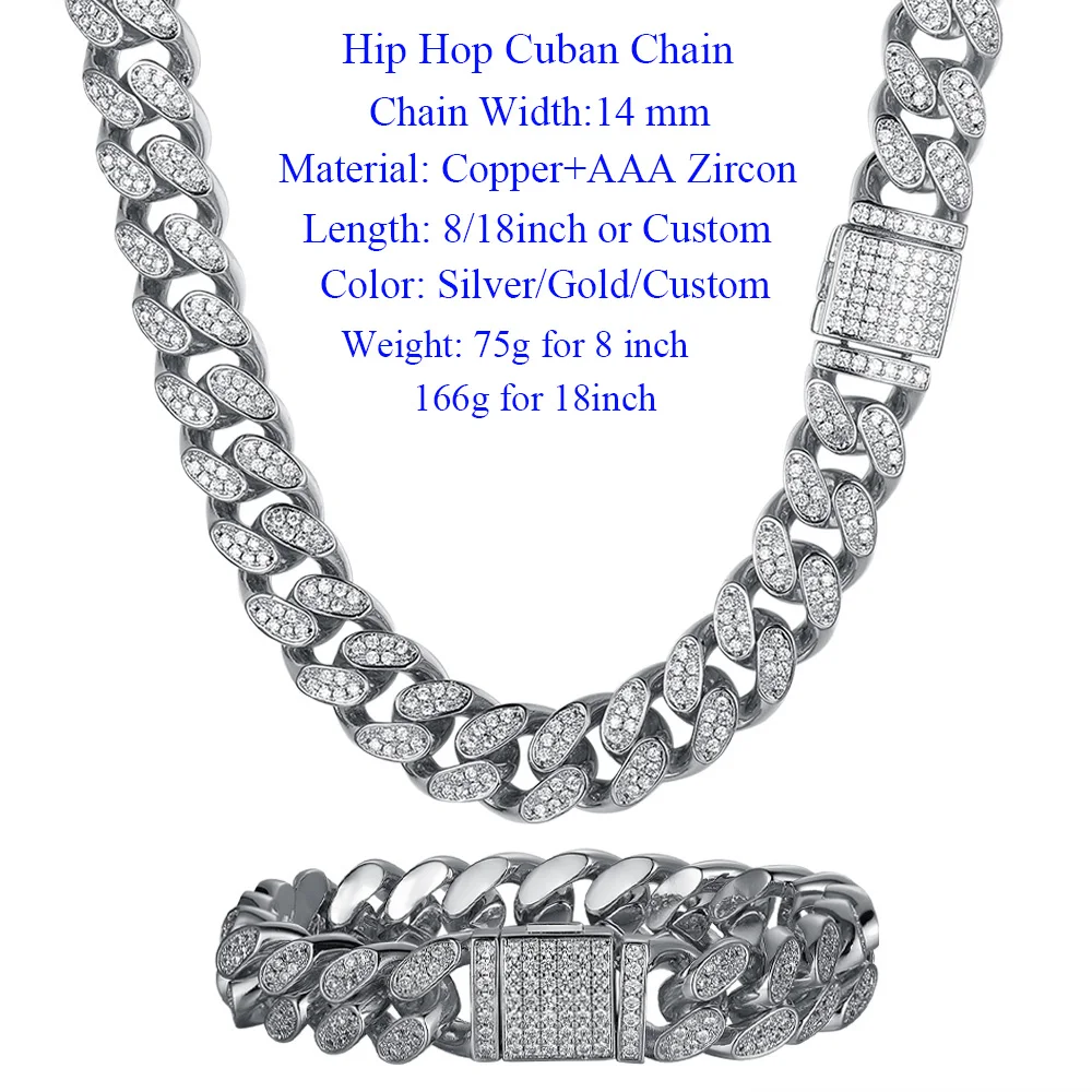 

Luxury Zircon CZ Hip Hop Miami Cuban Link Chain 14mm Iced Out Bracelet Men Necklace Dropshipping Iced Out Bling Bling