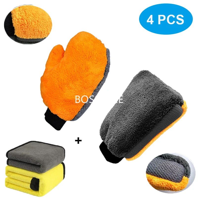 4Pcs Ultra Large Car Wash Glove Microfiber Wash Mitt Soft Coral Fleece Anti-Scratch With Car Cleaning Towel Car Wash Accessories