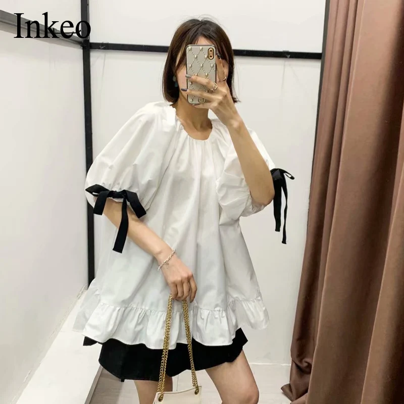 

2020 Summer White Casual Cotton blouse shirt Fashion Puff sleeve O-neck Loose Tops With bow Ruffles Sexy Hollow out INKEO 9T111