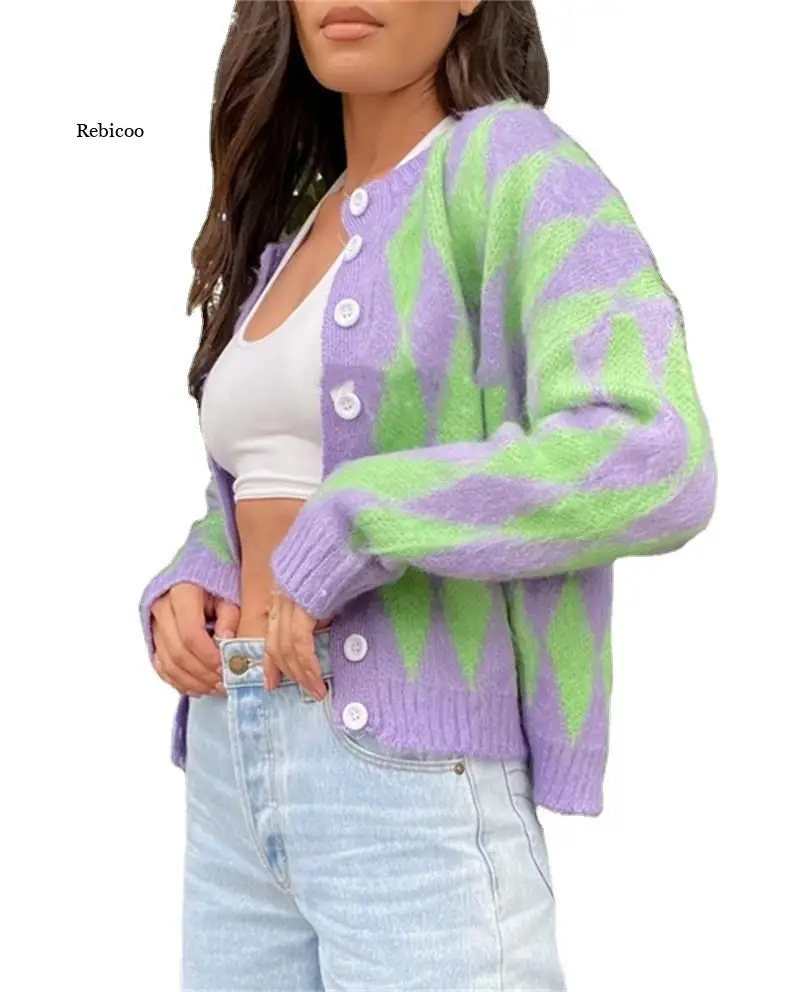 

Женский винтажный вязаный кардиган в клетку, зимний мягкий Свитер оверсайз, женская верхняя одежда, новинка