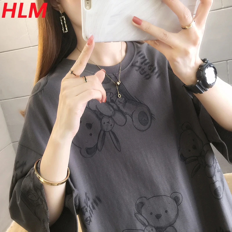 

HLM 2021 Summer Mid-Length Women's Oversized T-Shirt Harajuku Style Cartoon Bear Round Neck Cotton Loose Student Top