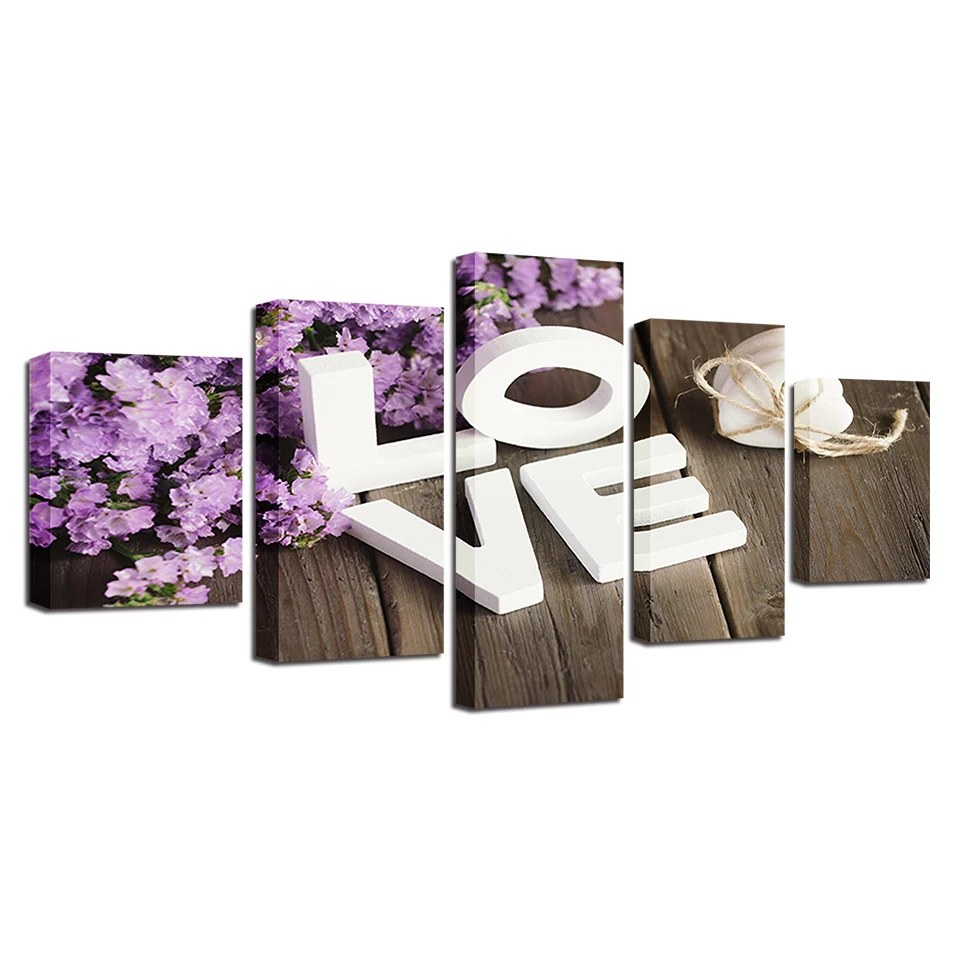 

Modular Pictures HD Prints LOVE Poster 5 Piece Purple Hyacinth Flower Paintings Home Decor Canvas Framework Living Room Wall Art