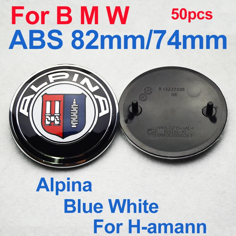 

50pcs/set For Blue White alpina 82mm 74mm ABS Black Base 2PINS Car Front Hood Rear Trunk Emblem Boot Covers Accessory