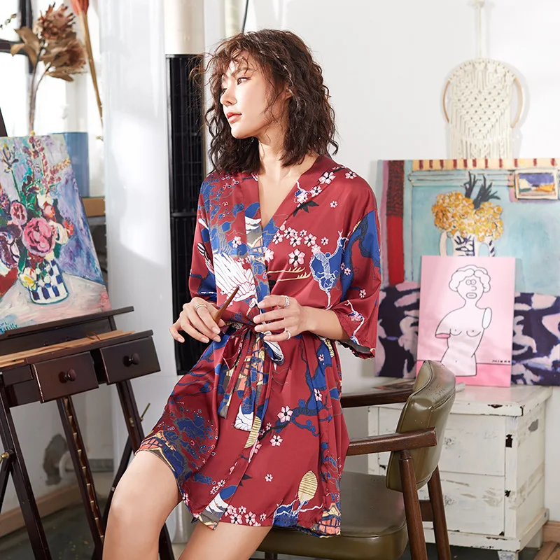 Новый женский ночной халат Элегантный цветочный принт атласный шёлковый банный