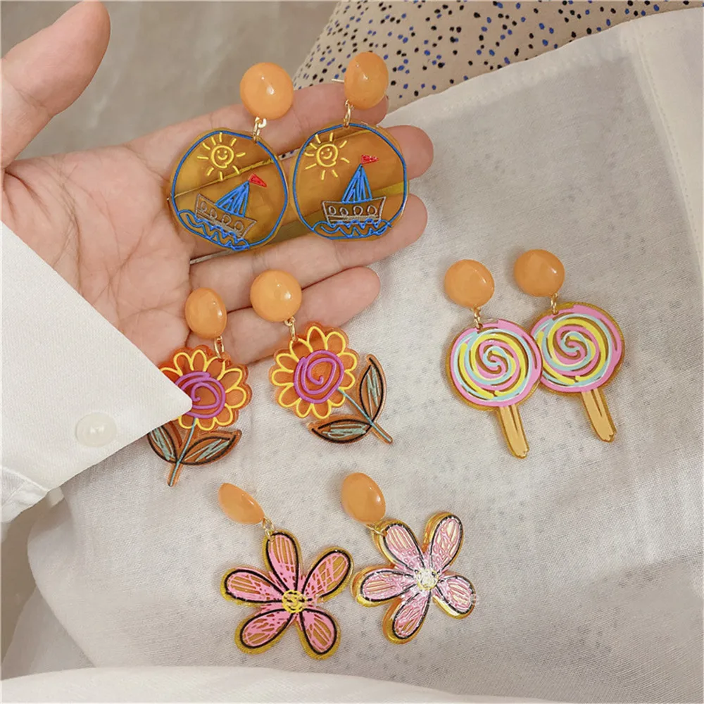 

Retro Geometric Earrings Version Color Acrylic Sheet Piercing Earrings Girly Style Candy Flower Lollipop Earring Women Ear Decor