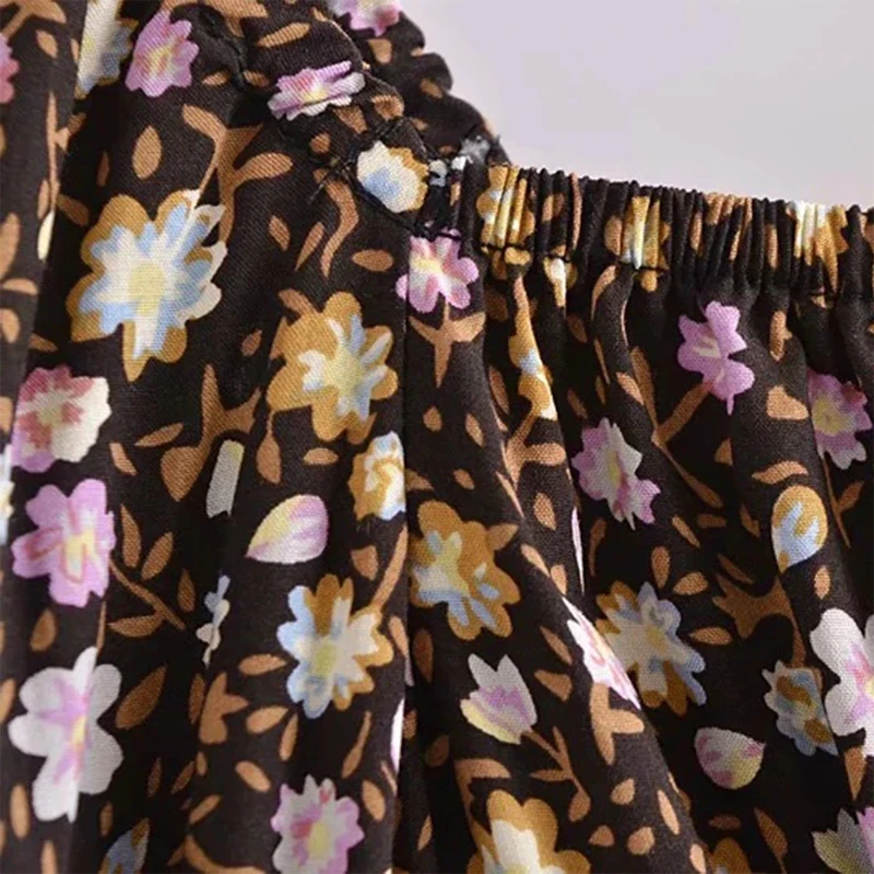 

Vintage Black Floral Boho Dress for Women Cotton Elastic Waist Puff Sleeve Midi Dress Women New Summer Dress Bohemian