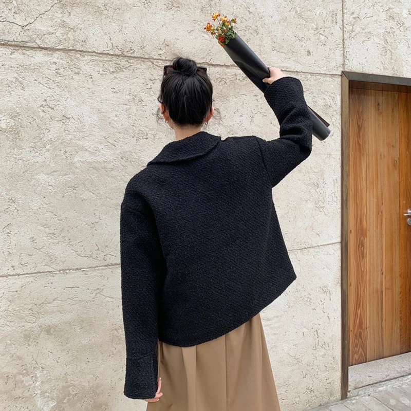 

2021 Black Woolen Jacket Bird Embroidery Big Collar Lace Up Bow Chic Double Breasted Coat Lady Harajuku Elegant Tweed Top Outwer