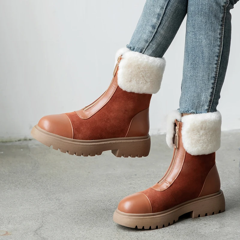 

Fashion Warm Snow Boots genuine leather zippers Shoes For Women Autumn Winter Newest med Thick Heels Ankle Boots