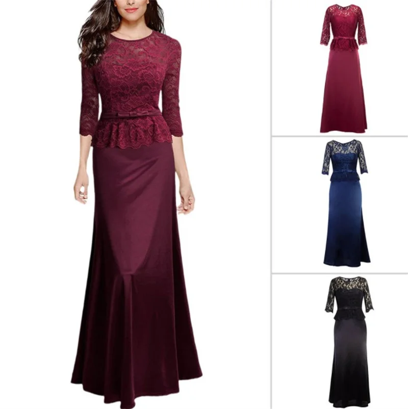 

New Design Long Sleeve Round Neck Sexy Sheath Floor Length Simple Sheer Lace Evening Dress Party Dress Prom Dress