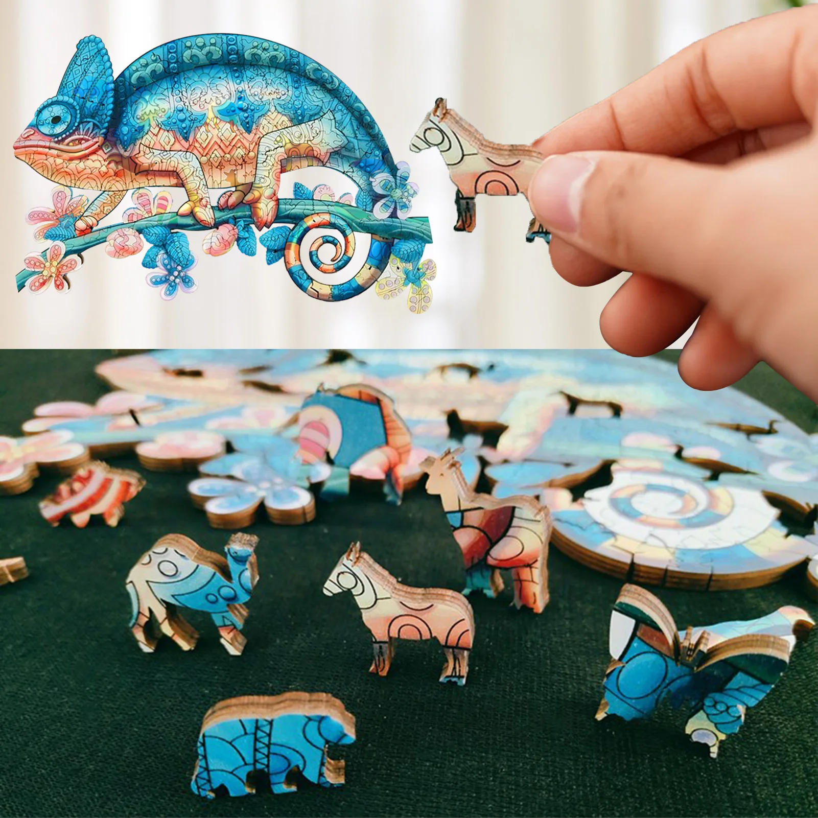 

Unique Wooden animal Jigsaw Puzzles Mysterious Chameleon Puzzle Gift Adults Kids Educational Fabulous Gift Interactive Games Toy