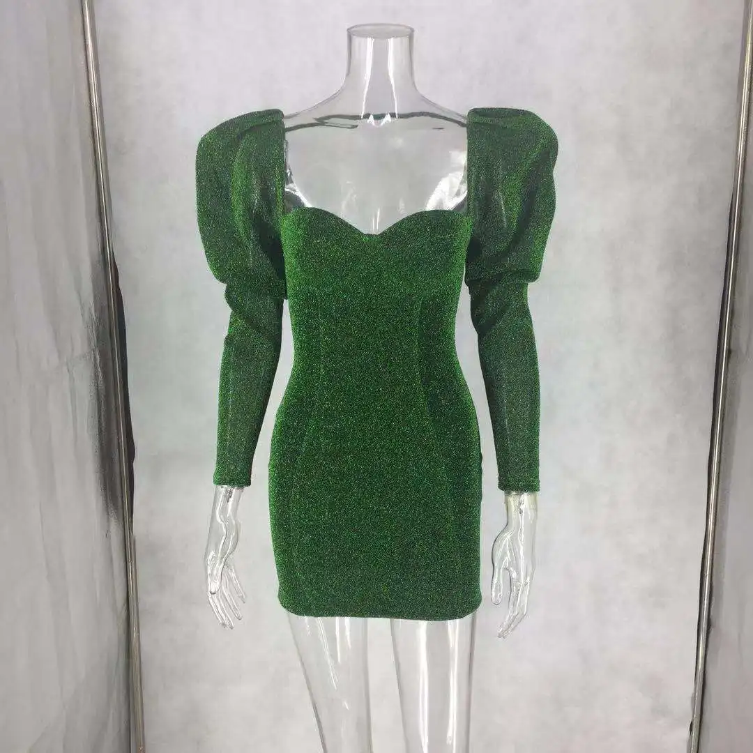 

Cutubly Club Long Puff Sleeve Sexy Bodycon Dress Shining Silver Mini Dress Autumn Backless Short Vestidos Party Thin Dresses
