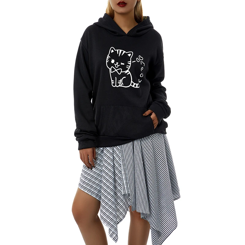 

Ladies Autumn Loose Hoodie Girls Leisure Style Creative Cat Printing Ears Decoration Long Sleeve Hooded Tops Pocket