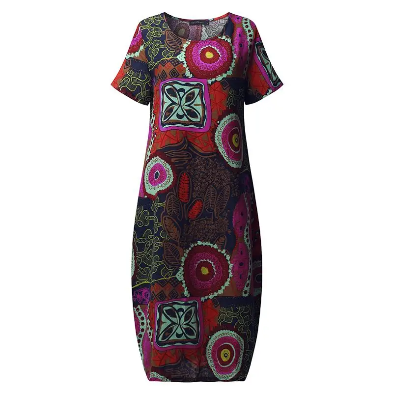 M-5XL2019 YOINS Новое Женское платье с круглым вырезом и цветочным принтом с коротким рукавом из хлопка и льна Повседневное Платье До Колена мешковатое Платье-туника размера плюс