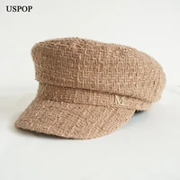 uspop brand designer fashion winter caps women diamond letter newsboy caps flat solid color tweed militray caps
