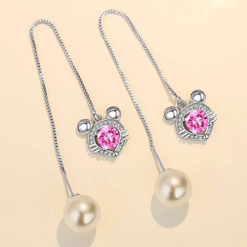 

925 Sterling Silver New Women's Fashion Jewelry Ear Lines High Quality Crystal Zircon Pearl Long Tassel Mouse Earrings