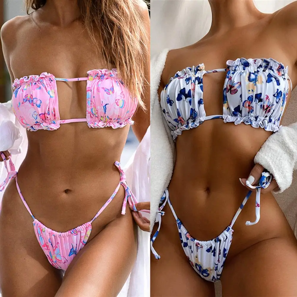 

High Quality 2020 NEW Women pink blue Print sexy bikini Bodysuits Bandage swim suit Knitted biquini wholesale