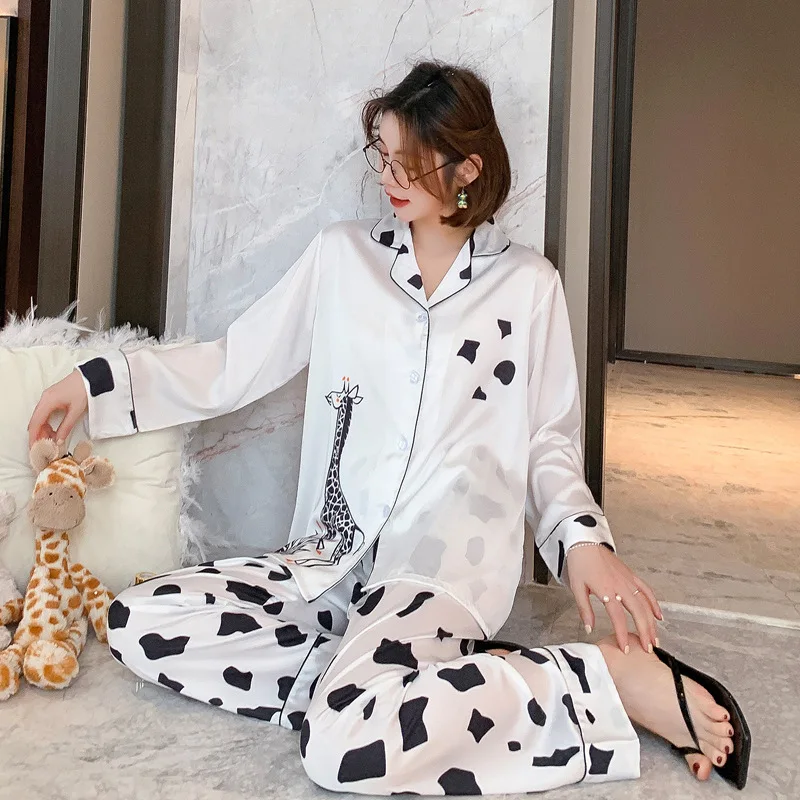 

Women New 2PCS Satin Sleep Suit Cute Print White Home Clothes Turn-down Collar Shirt&Pant Sleepwear Lounge Spring Nightwear
