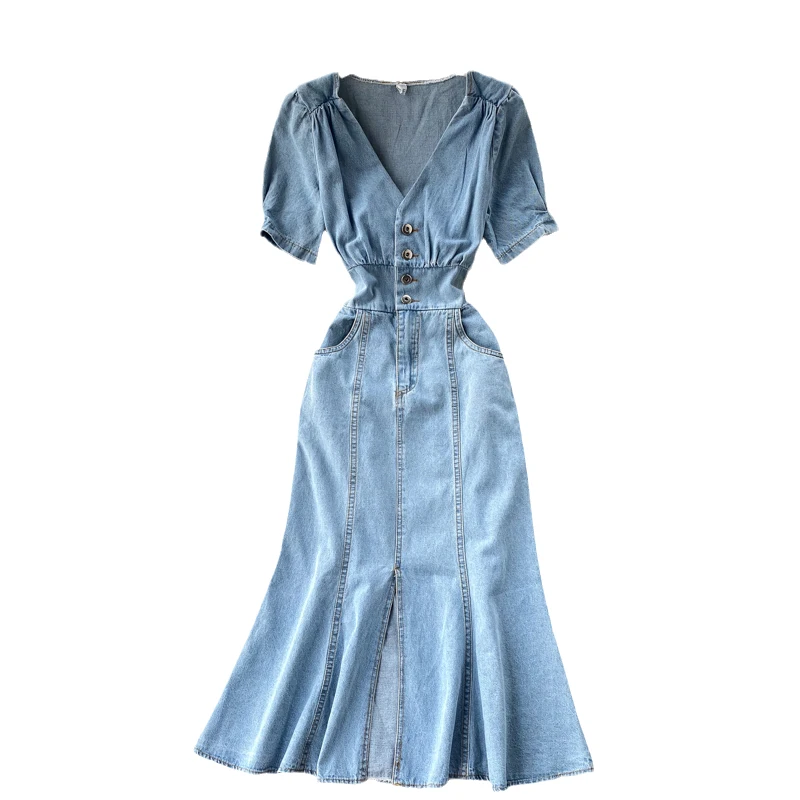 

Women Denim Dresses 2021 New Spring Autumn Korean Chic French Elegant Retro V Collar Design Button Vestido Trumpet / Mermaid