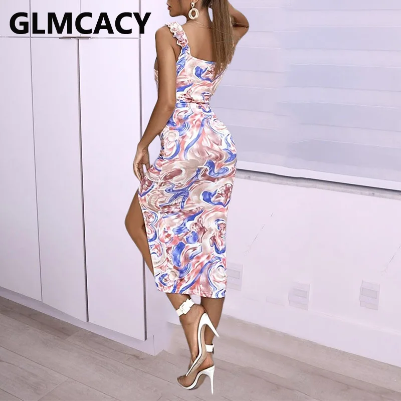 

Sleeveless Thick Strap Slim Party Midi Dress Sexy Bodycon Slit Dress