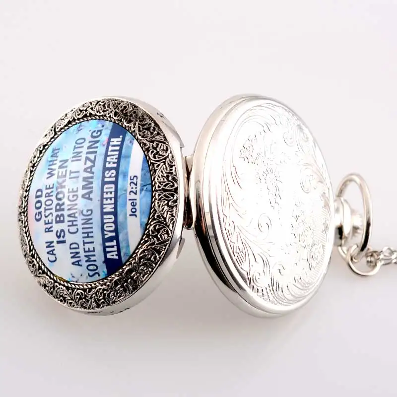 

New Silver God can restore what is broken bible verse Quartz Pocket Watch Classic Men Women Pendant Necklace Gift Clock