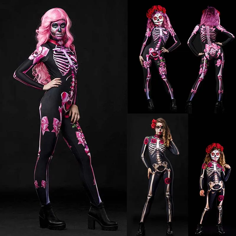 Розовый Скелет детский страшный костюм для взрослых платье на Хэллоуин косплей
