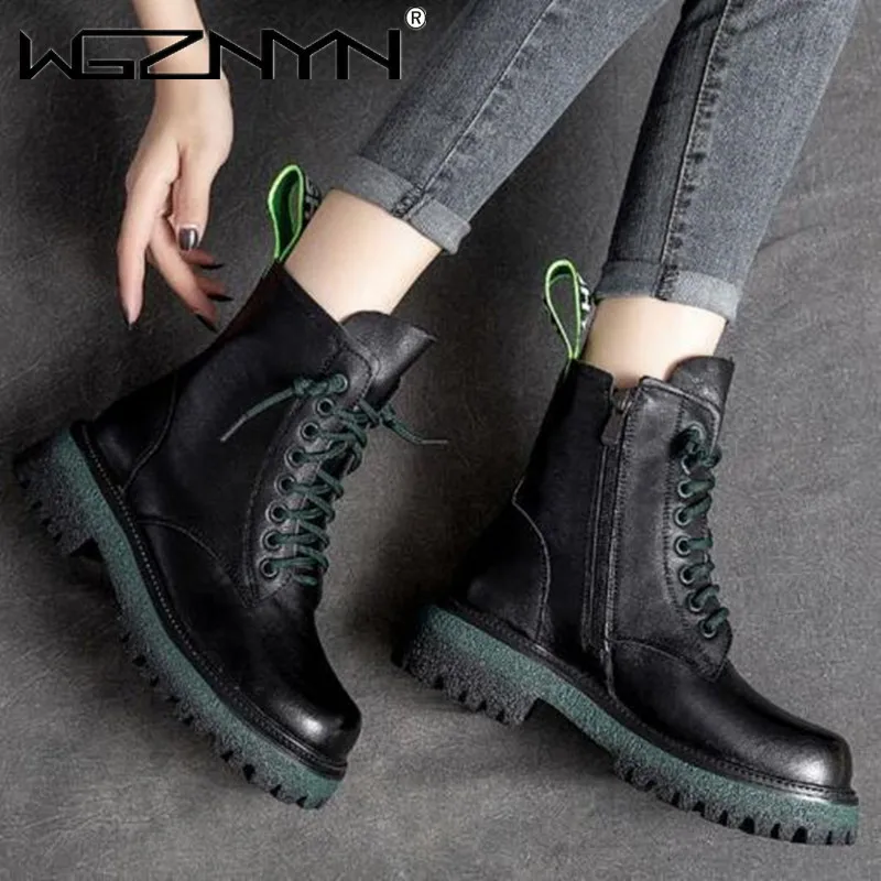 

Женские ботинки из натуральной кожи, на шнуровке, Осень-зима