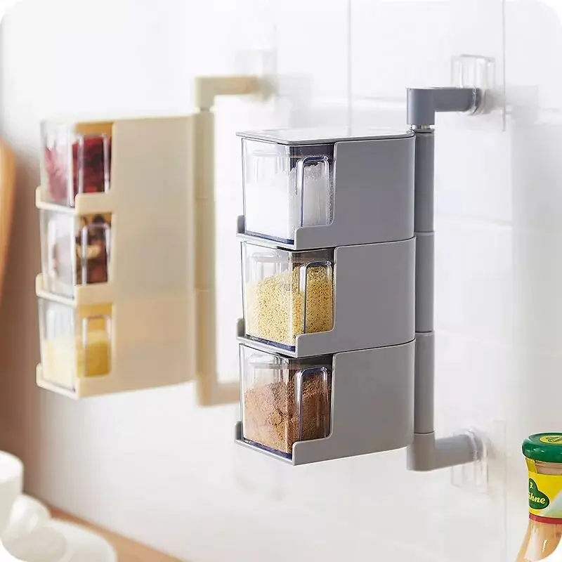 

Multi-Tier 360 Degree Rotating Wall Mount Spice Rack Spice Seasoning Box Pepper Cumin Powder Box Jars Organizer Condiment Contai