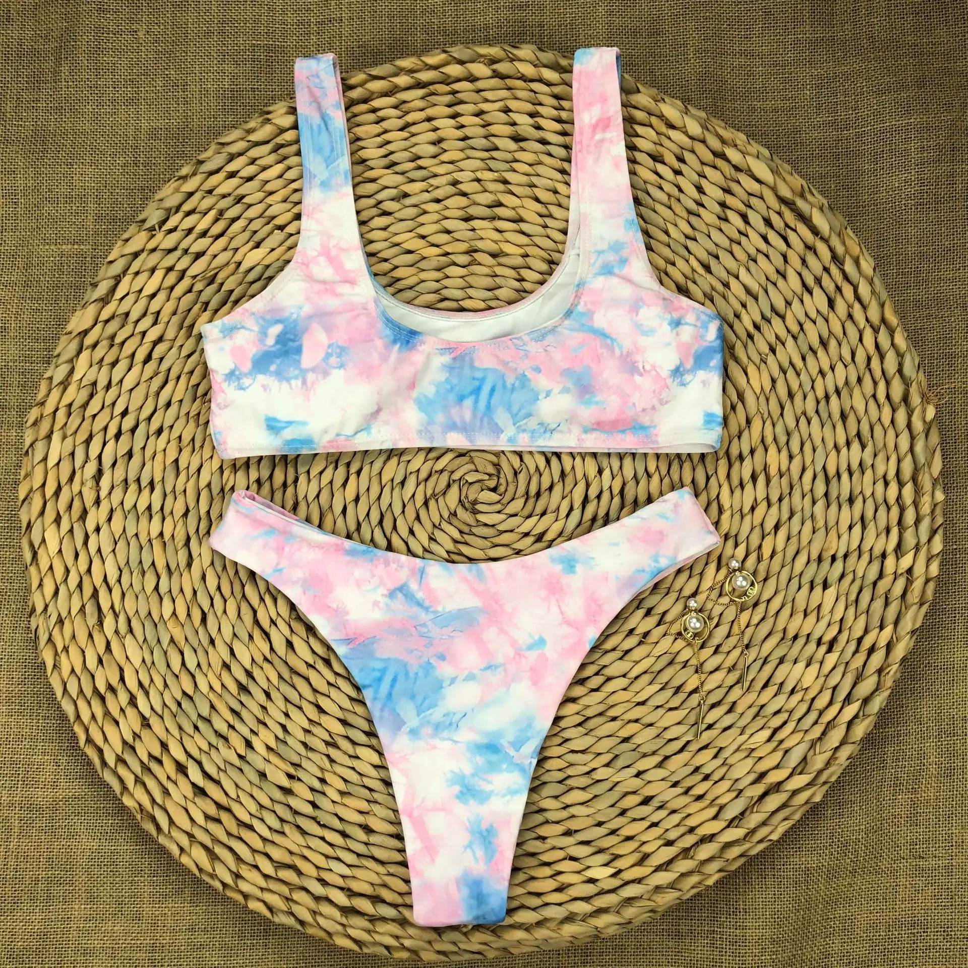 

Qeils New Purple Pink Tie Dye Mid Waist Bikini Female Swimsuit Women Swimwear Two-pieces Bikini set Bather Bathing Suit Swim