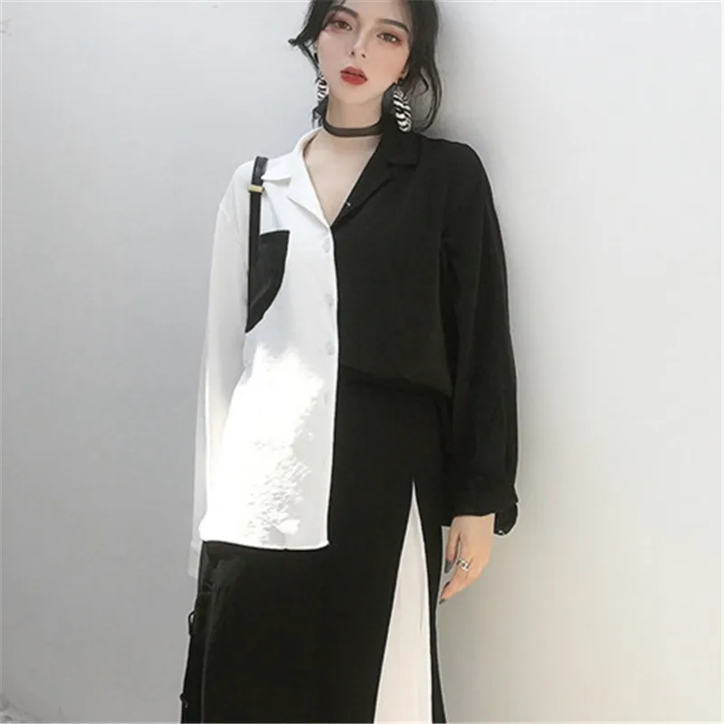 Женская рубашка Neploe в стиле пэчворк с карманами и отложным воротником