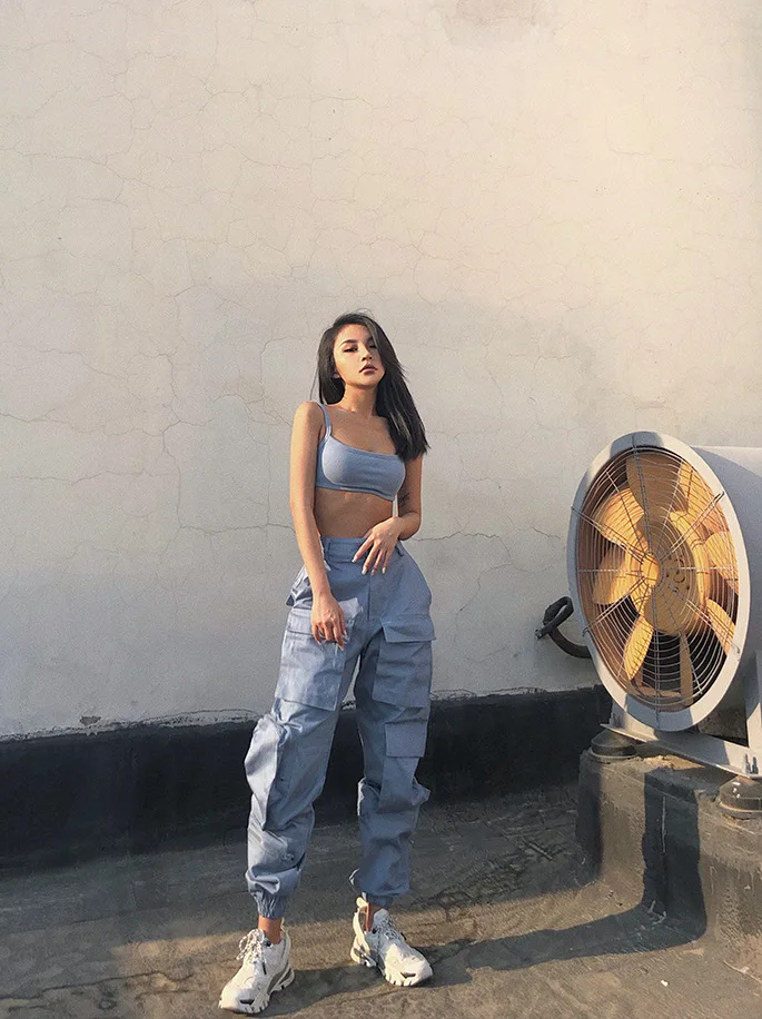 

Women Pockets Patchwork Hippie Trousers Solid Casual Baggy Cargo Pants Black Style High Waist Streetwear Pants