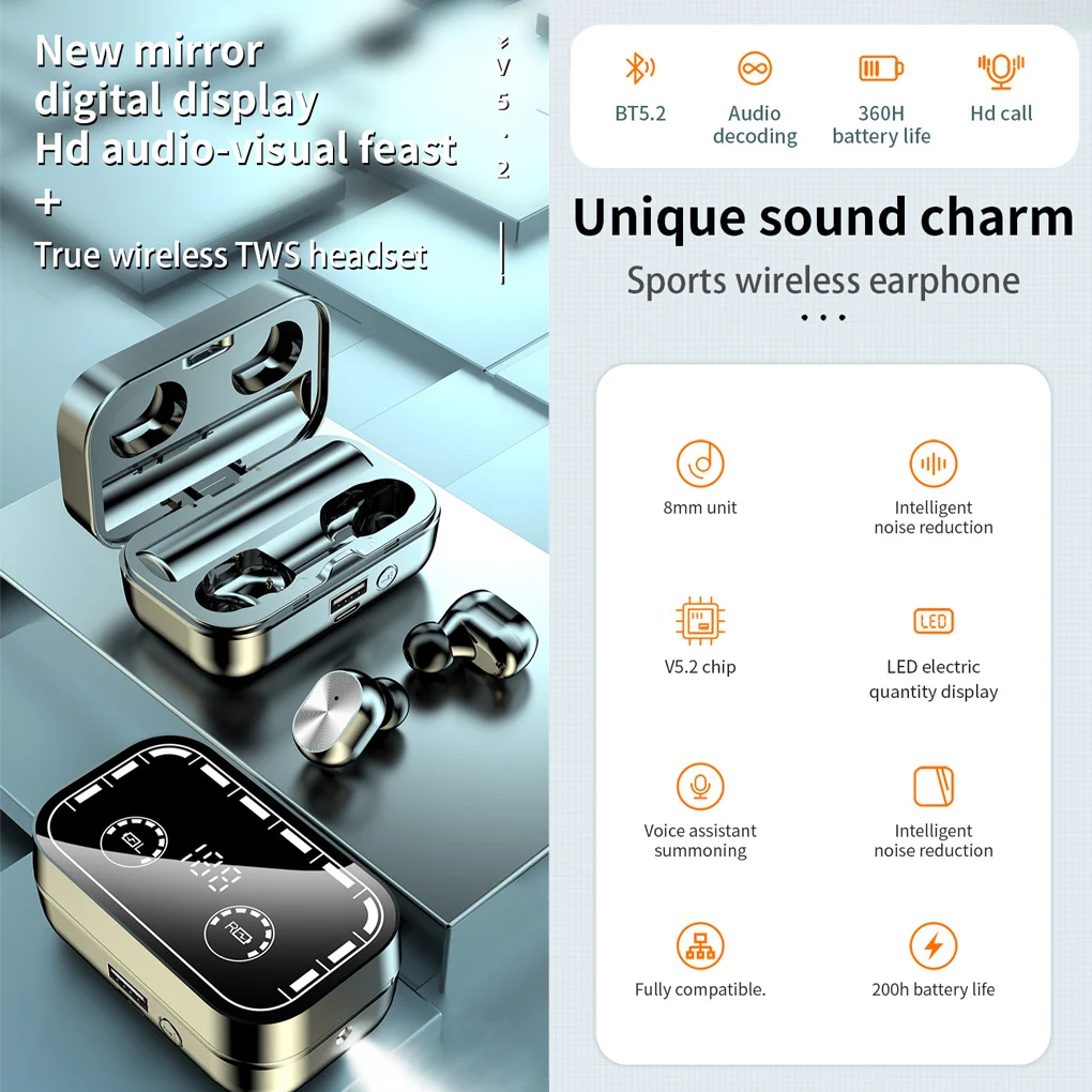 pack of 2 wireless earphones bluetooth compatible 5 1 in ear headphones rechargeable with charging case emergency flashlight free global shipping
