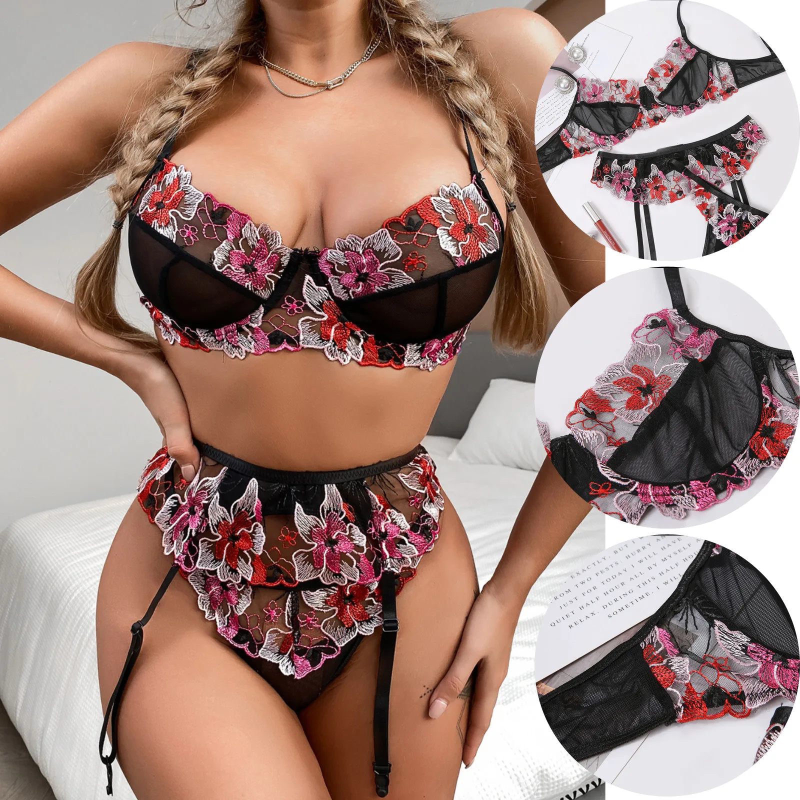 

Lace Embroidery Pajamas Set for Women Sexy Lingerie Floral Underwear Transparent Garter Sleepwear Lenceria Sensual Mujer Pijama