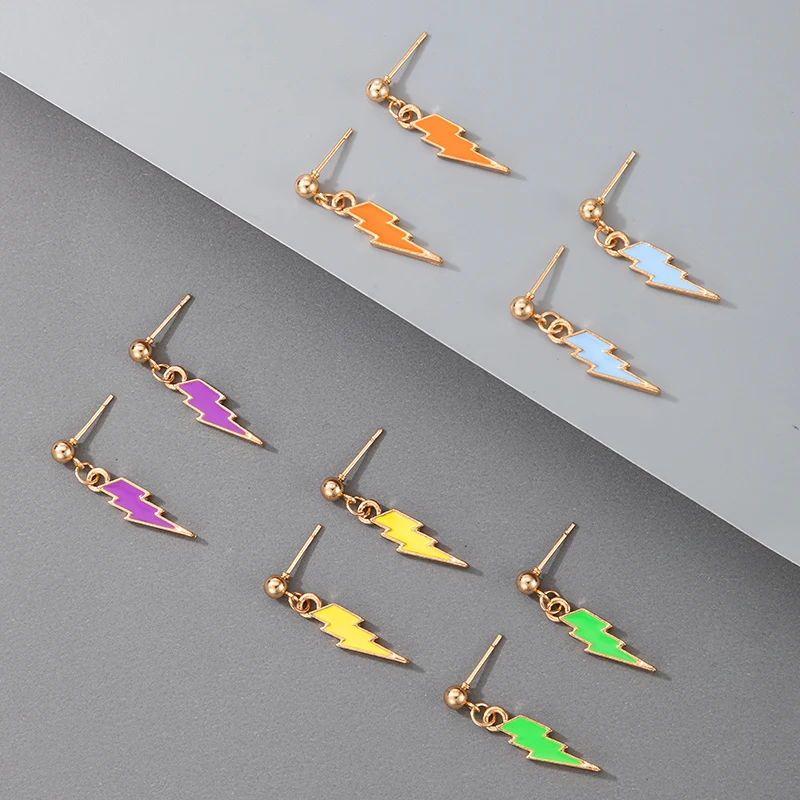 

Docona 2020 New Arrived Colorful Enamel Lightning Drop Earrings for Women Fashion Gold Color Metal Earrings Party Gift jewelry