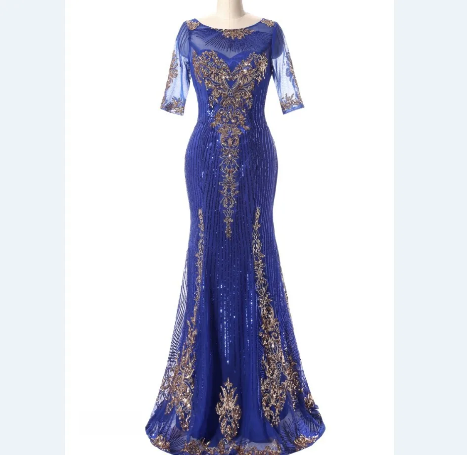 Royal Blue Evening Gown Gold Shiny Bead Piece Evening Dress Formal Mermaid Long Robe De Soiree Special Occasion Dresses ES2607 - Цвет: Синий