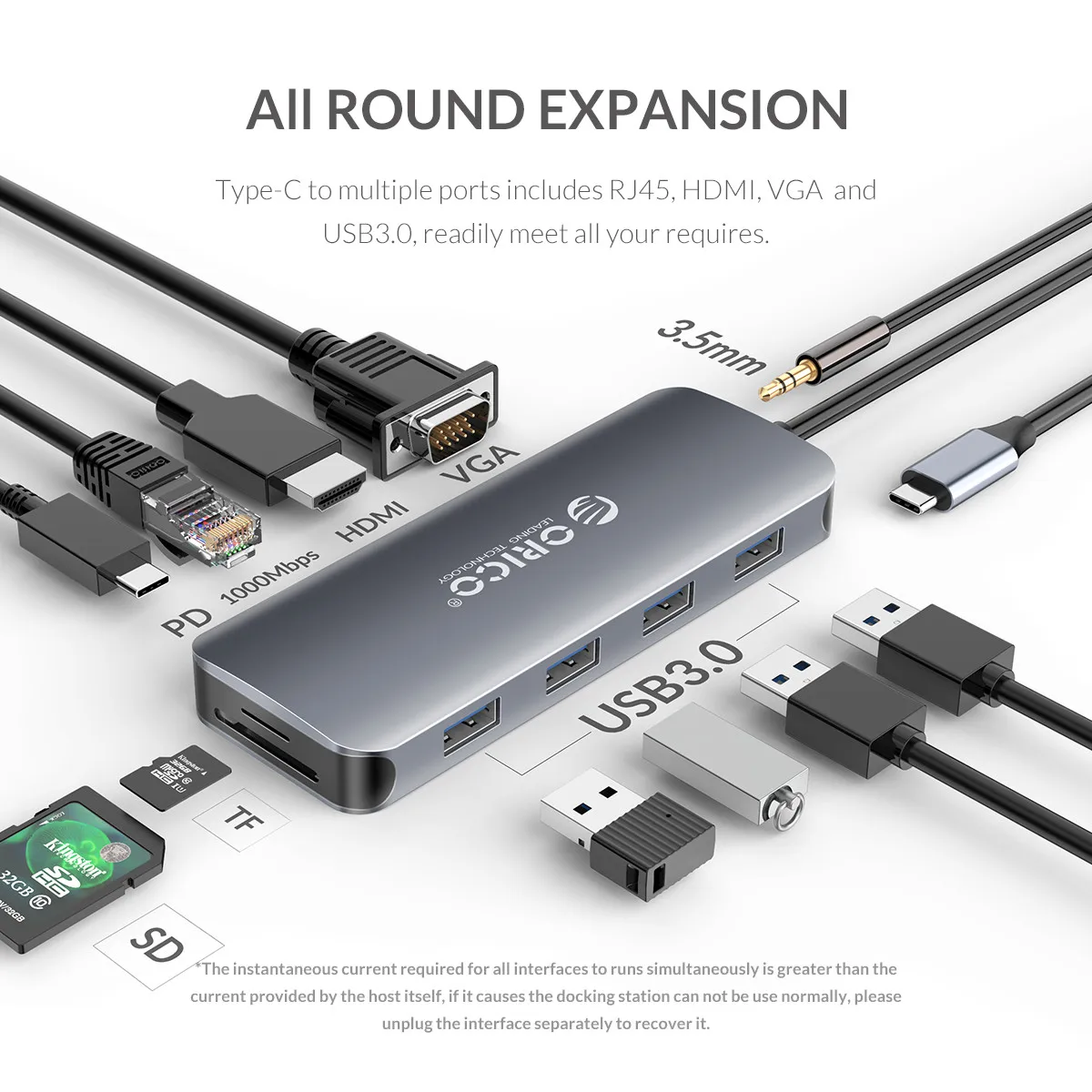 ORICO 11 в 1 док-станция USB C концентратор до USB3.0 совместимому с HDMI PD RJ45 кард-ридер