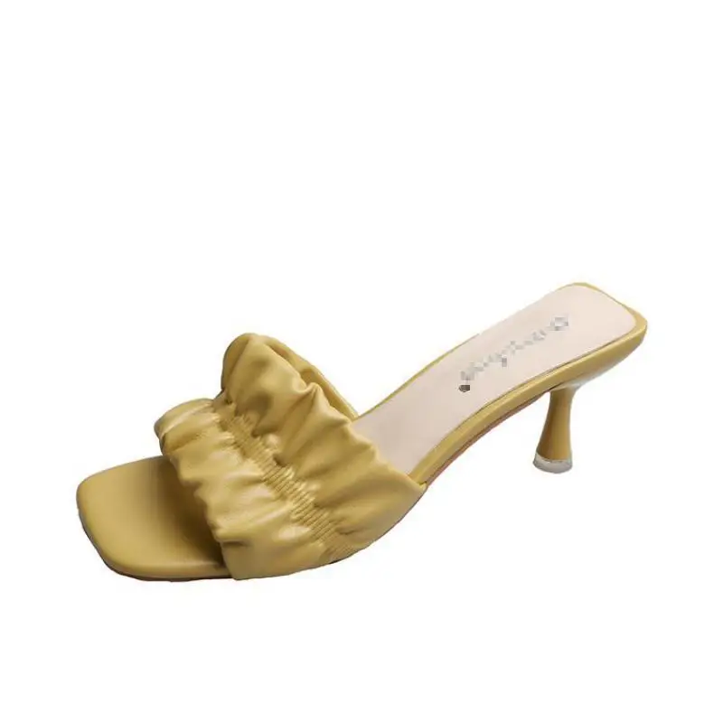 

Women Slippers Slip On Slides Fashion Brand Square Toe Thin Heels Sandals Female Pleated Outdoor Slippers Flip Flop Lady Shoes
