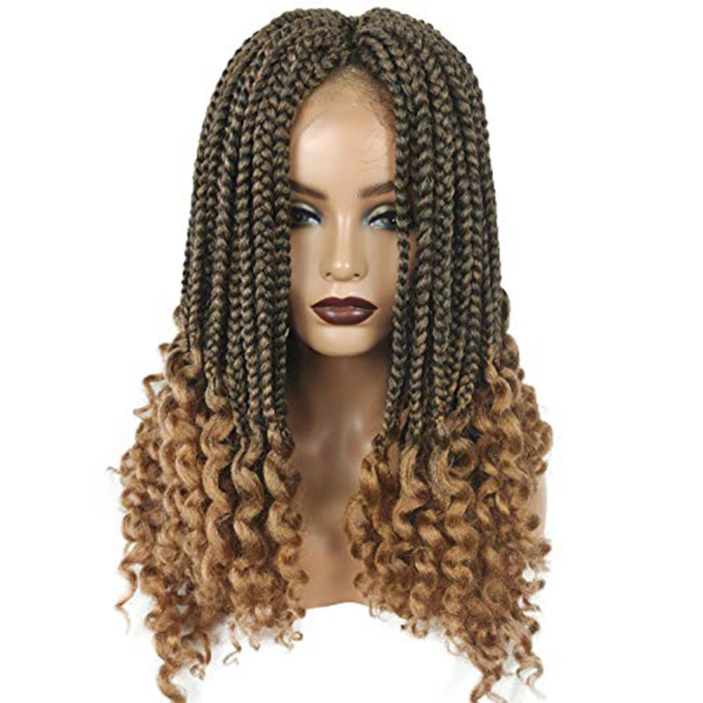 Senegalese Twisted Premium Fiber Synthetic Hair Cornrows Wig Curly End African Box Braided Lace Wigs for Black Women