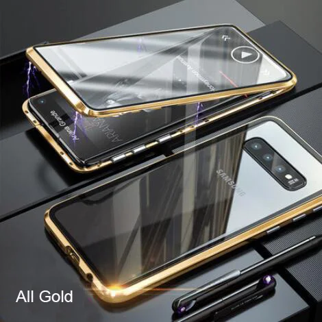 All gold Двойное магнитное закаленное стекло металлический каркас чехол для телефона для samsung Galaxy Note 8, 9, 10, S8 S9 S10 5G S10E M10 M20 M30 A80 плюс - Цвет: All gold