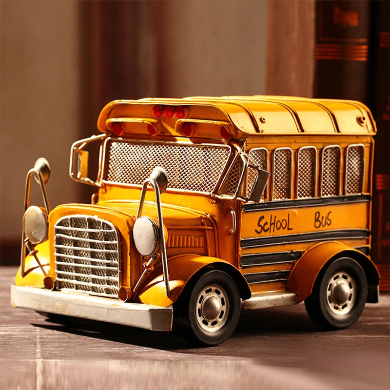 

Vintage American School Bus Model Ornaments Iron Crafts Classic Car Figurines Vehicle Miniature Bar Home Decor Kid Toys Gifts