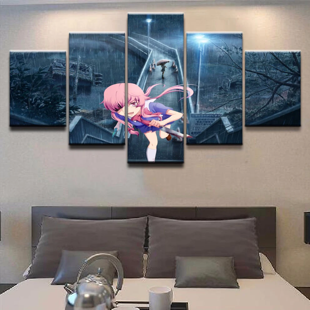 

Canvas HD Printed Wall Art Posters 5 Panel Animation Mirai Nikki Painting Home Decorative Modular Pictures For Modern Bedroom