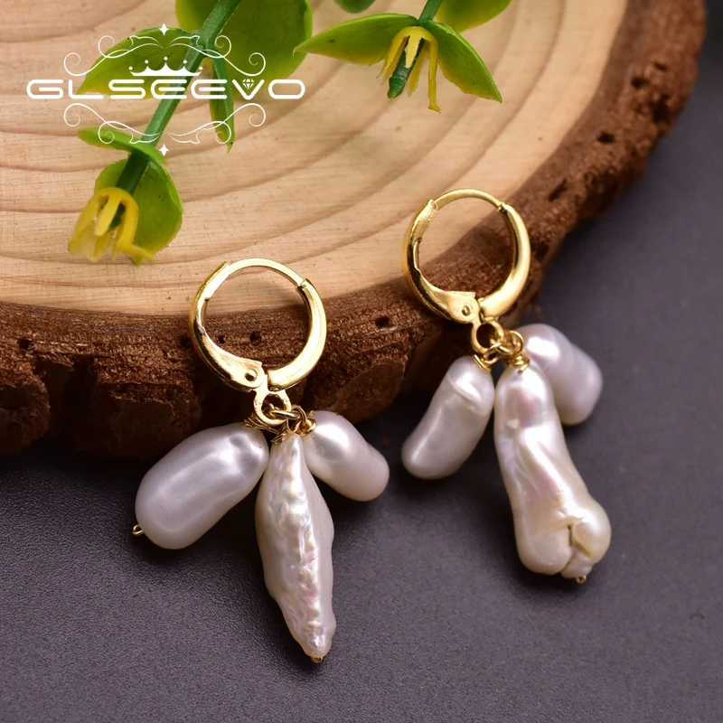 

GLSEEVO Natural Fresh Water Baroque Pearls Dangle Earrings For Women Anniversary Gift Handmade Drop Earring Fine Jewelry GE0941
