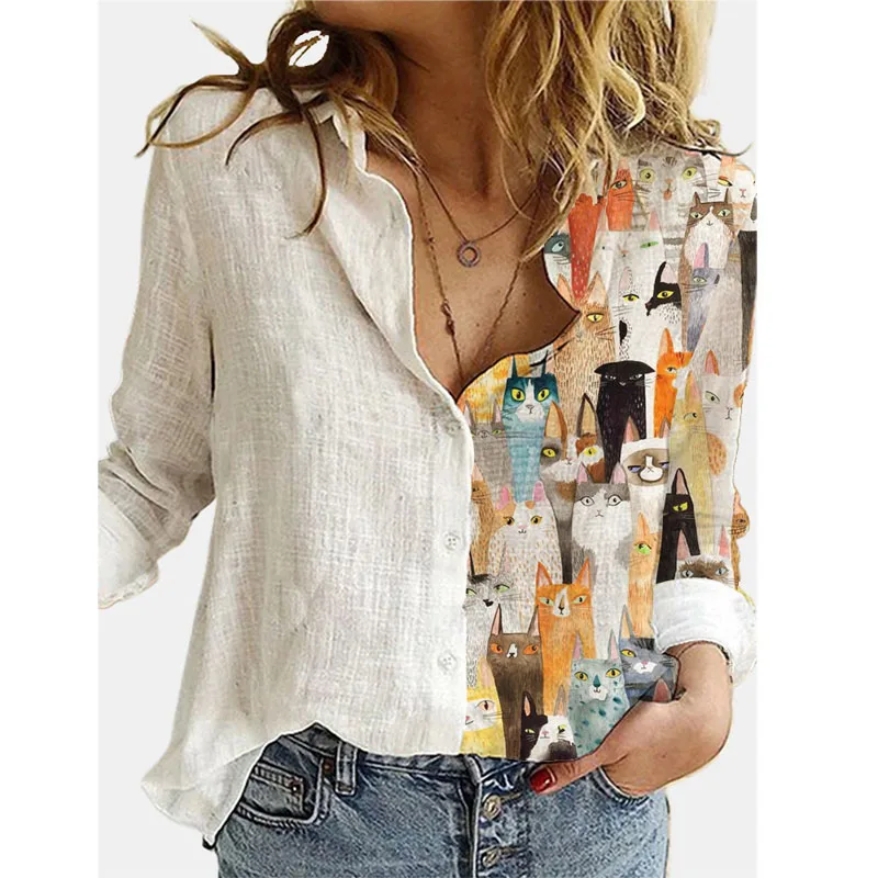 

Autumn Elegant Women's Vintage Printed Long Sleeved Turndown Collar Buttons Shirt Ladies Fashion Casual Tops Loose Lapel Blouse