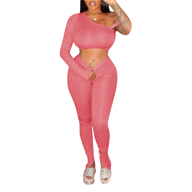 

Women's Solid Color 2 Piece Outfits Sets Long Sleeve Bandage Crop Top + High Waist Bodycon Pants Sexy Clubwear Sets
