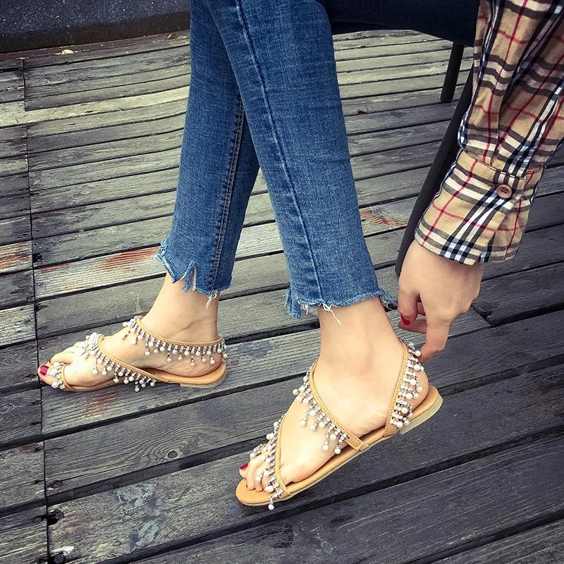 

2020 Summer New Fashion Bohemian Sandals Women's Crystal Non-Slip Wear-Resistant Sandals Women's Large Size 43